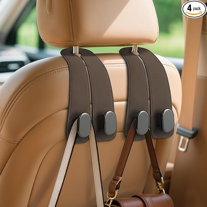 Car Seat Headrest Hooks - 4 Pack Universal Car Purse Hook, Leather Car Bag Purse Holder with Double Metal Hooks for Handbags, Grocery Bags, Bottles, Phones, Brown