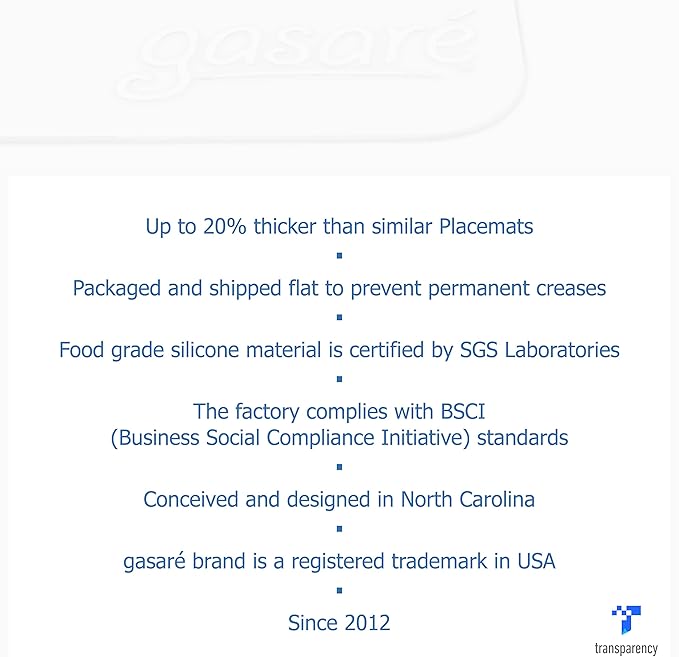 GASARÉ, Placemats Set of 4, Silicone Placemats, Table Mats, Non-Slip, Easy to Clean, Heat Resistant, Flexible, 20% Thicker, 16 x 12 inches x 1.1mm, Semi-Transparent