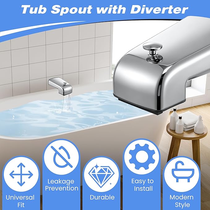 Dreyoo Tub Spout (Universal Fits 1/2" Copper Pipe, 1/2" IPS and 3/4" IPS), Bathroom Bathtub Faucet with Adapters and Hex Wrench(Chrome,Waterfall Spout)