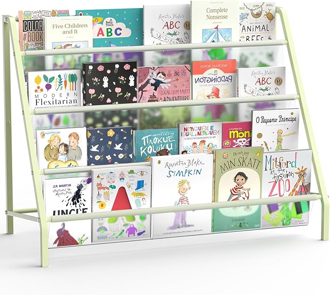 High-Transparent 4 Tier Kids Bookshelf, Sturdy Metal Large Size Book Rack Storage for Kid - Toddler Book Shelf Display for Nurasery, Playroom or Kids Room, Bookshelf Hold More Books - Green