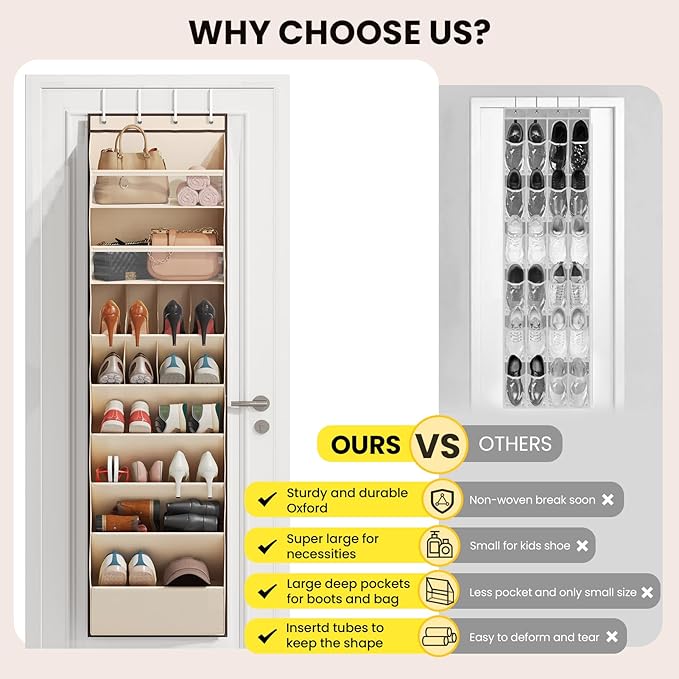 Mefirt 8 Tier Clear Over the Door Shoe Organizer with Deep Pockets, Door Shoes Rack with hard Cardboard and Tubes to Keep the Shape, Hanging Shoe Rack for Closet Organizers, Shoe Holder Beige
