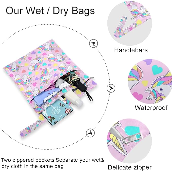 visesunny Cartoon Unicorn Colorful Heart 2Pcs Wet Bag with Zippered Pockets Washable Reusable Roomy for Travel,Beach,Pool,Daycare,Stroller,Diapers,Dirty Gym Clothes, Wet Swimsuits, Toiletries
