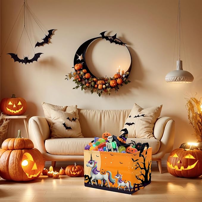 ASKETAM Halloween Basket Gift Cute Pumpkin Ghost Parties Decor Kid Trick or Treat Basket for Boys and Girls Rectangular Storage Bin Box (Unicorn Bat)