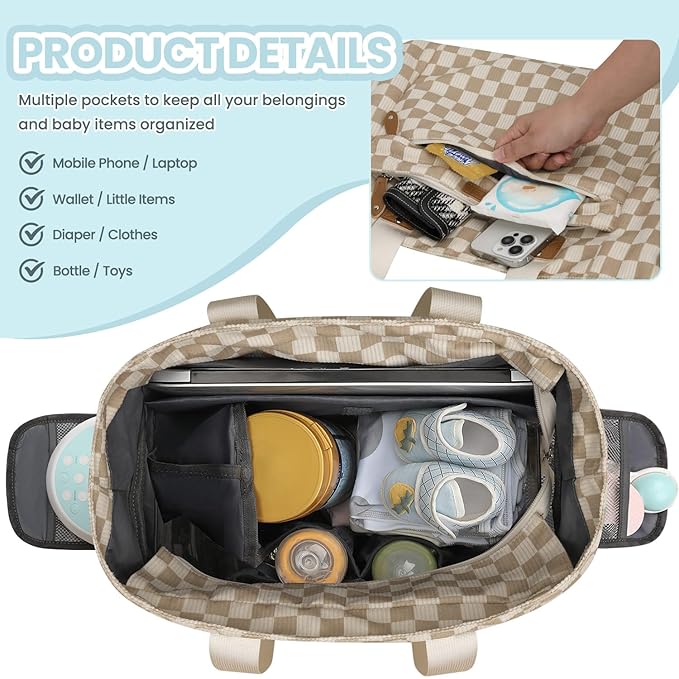 Pritent Large Travel Diaper Bag Tote with 14 Inch Laptop Sleeve, Breast Pump Bag for Mom and Dad, Mommy Maternity Travel Baby Bag for Boys and Girls, Plaid