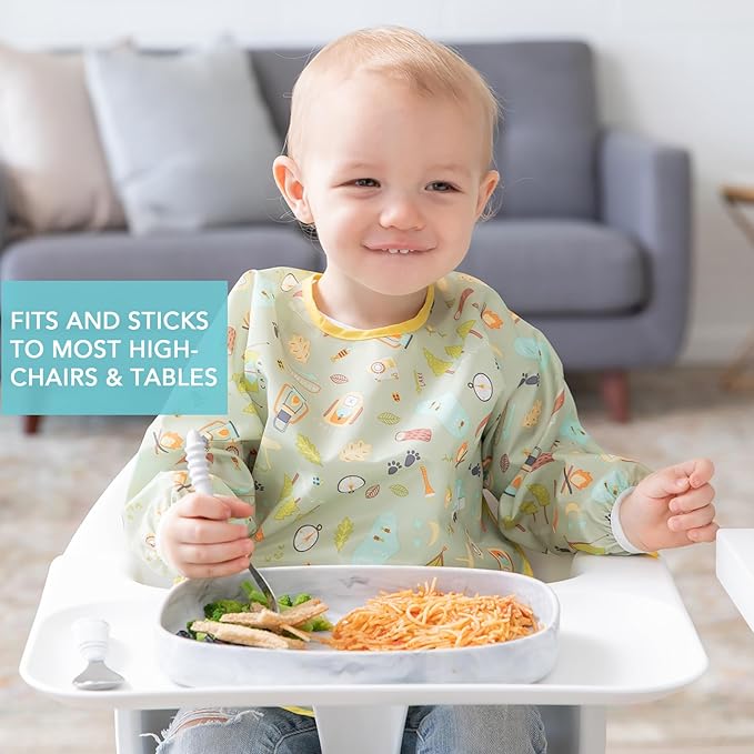 Bumkins Toddler and Baby Suction Plate, Silicone Grip Dish Large Tray for Big Kids, Fits Most Highchairs, Essential Children Feeding Supplies, Non Skid Sticky Bottom, Platinum Silicone, Marble