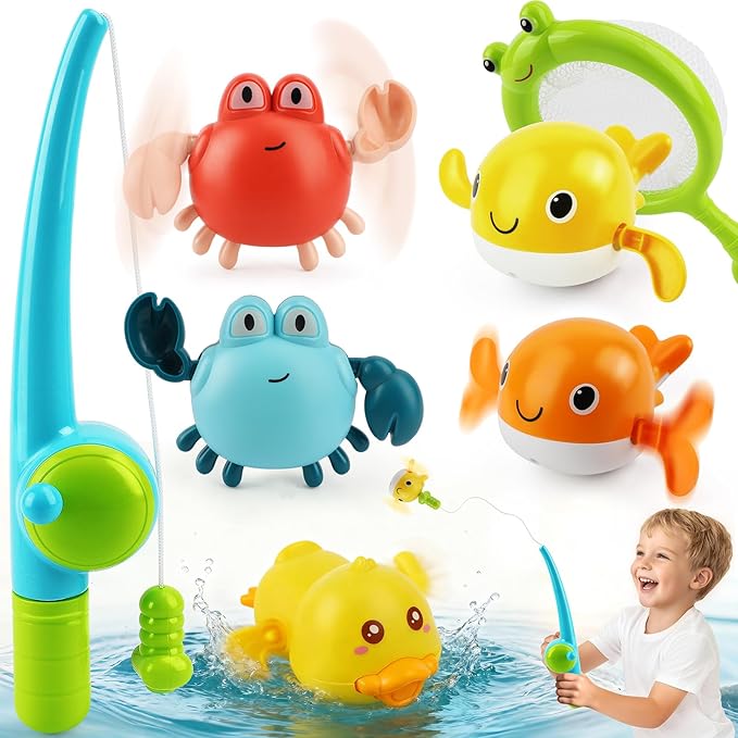 TOY Life Bath Toys for Kids Ages 1-3, Magnetic Fishing Game with Mold Free Wind Up Bath Toys for Toddlers 1-3 & Toy Fishing Pole & Fishing Net, Water Table Pool Fun Bathtub Toys for Baby Infant