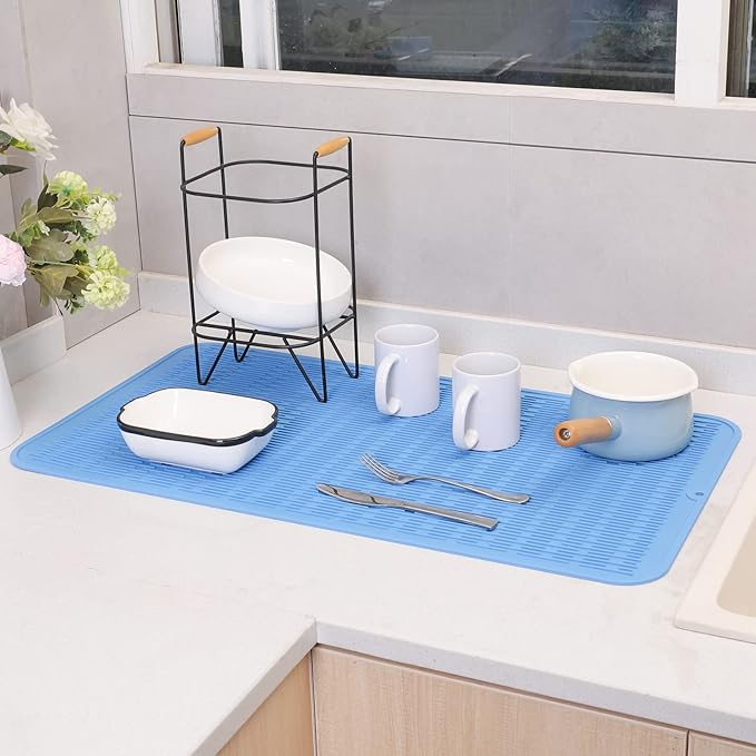 MicoYang Silicone Dish Drying Mat for Multiple Usage,Easy clean,Eco-friendly,Heat-resistant Silicone Mat for Kitchen Counter or Sink,Refrigerator or Drawer Liner Lichen BlueL 4XL 32 inches x 18 inches