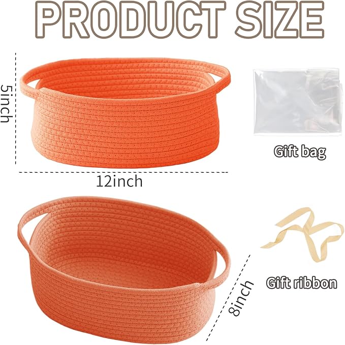 JMvicyroam Woven Basket,Small Rope Storage Bin with Handles & Ribbon Bag, Organizer for Shelves Closets,Gift Basket Empty for Birthday,Books,Dog Toys,Orange