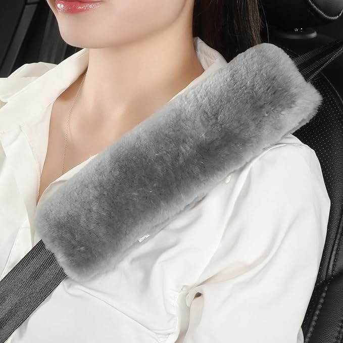 Fluffy Fuzzy Genuine Sheepskin Car Seat Belt Covers for Soft Auto Lambswool Seatbelt Pads, Shoulder Strap Cushion Adults Kids (1, Blue Grey)