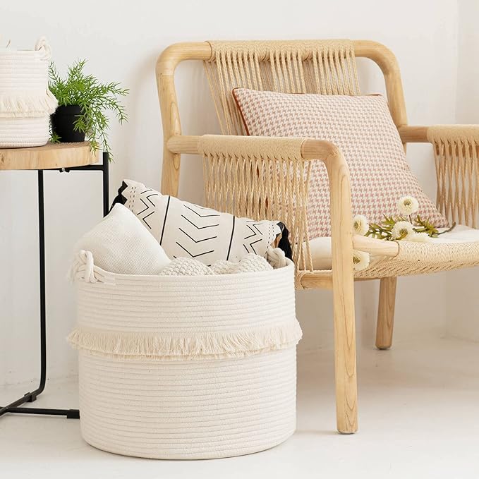 CherryNow Large Woven Storage Baskets – 16'' x 13'' Cotton Rope Decorative Hamper for Nursery, Toys, Blankets, and Laundry, Cute Tassel Nursery Decor - Home Storage Container Off-white