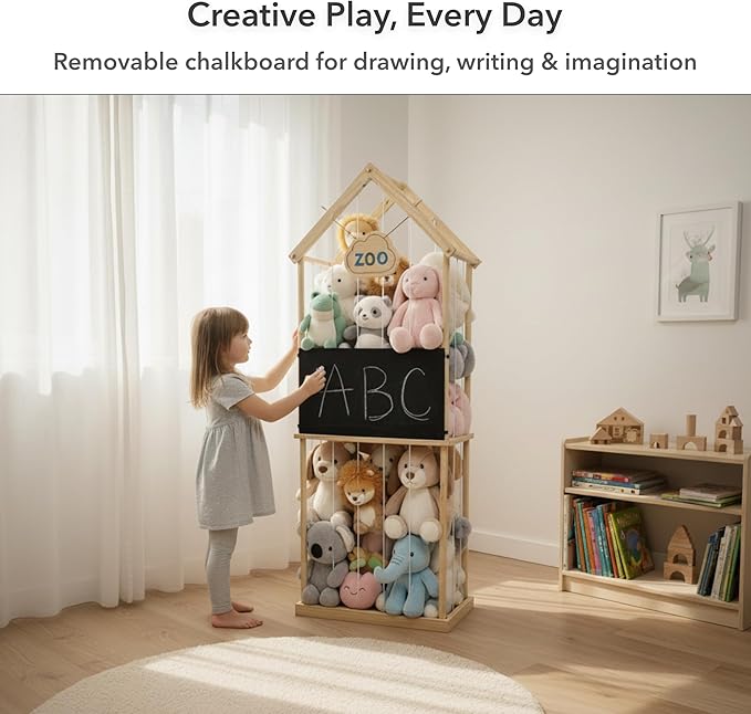 Paquber Stuffed Animal Storage Zoo & Stuffed Animal Holder - Wooden Plush Toy Storage for Kids Room | Natural Pine Wood Toy Organizer with Chalkboard and Elastic Cords
