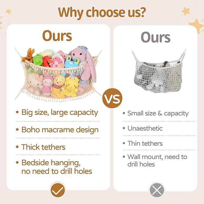 Stuffed Animal Storage Net, Large Bedside Toy Organizer Net, Cotton Plushie Toy Storage Hammock with Tether for Stuffed Animals Playroom Organization