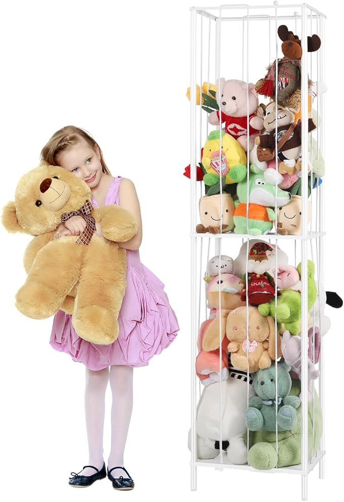 OYEAL Stuffed Animal Storage Holder Metal Toy Storage Organizer, 64'' Stuff Animal Organizer Plushies Storage with Elastic Rope for Playroom Bedroom Kid Room, White