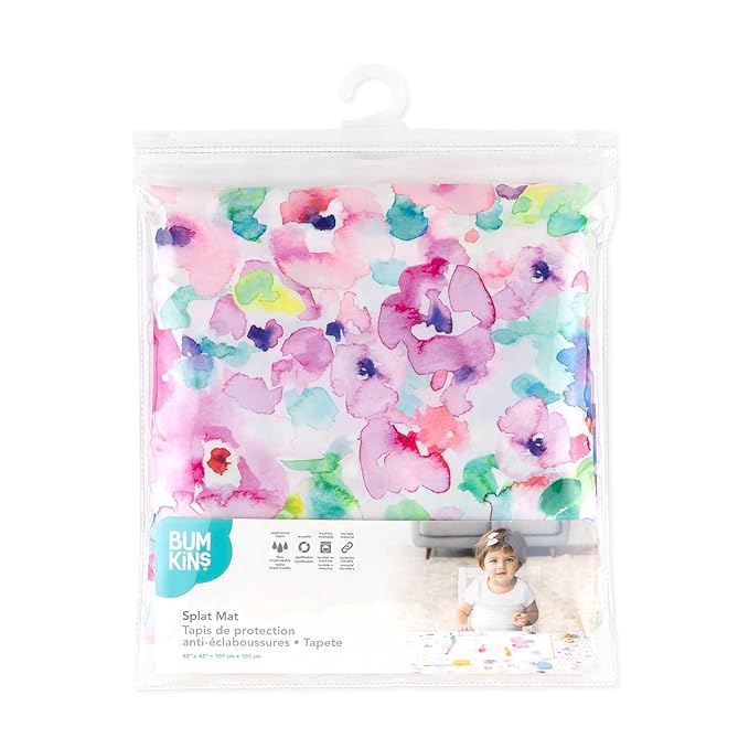 Bumkins Baby Splat Mat for Under High Chair, Babies Toddlers Eating Mess Mat, Waterproof Reusable Cloth for Arts and Crafts, Playtime for Kids, Floors or Tables, Fabric 42inx42in, Watercolors Floral
