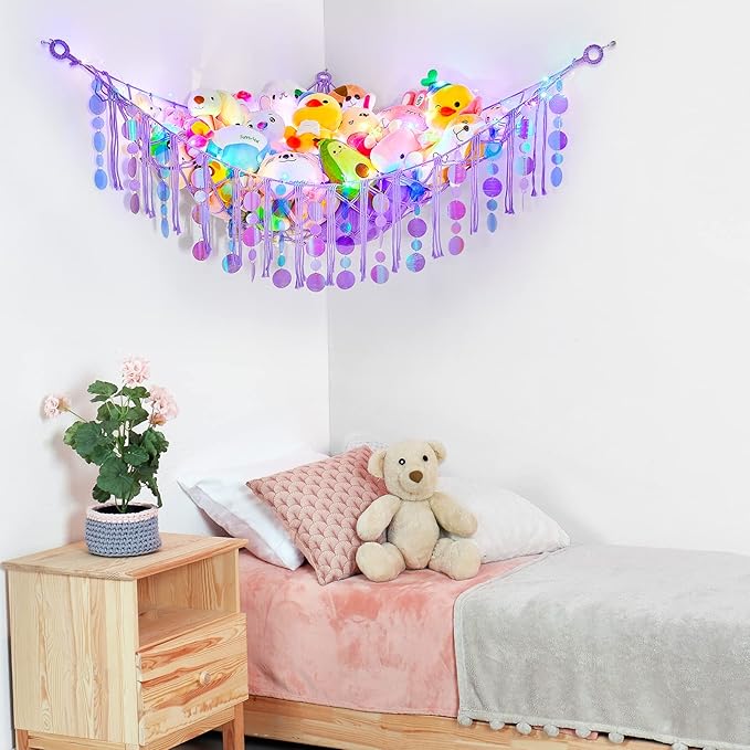 FIOBEE Stuffed Animals Hammock Net Toy Storage Organizer with LED Light, Stuffed Animals Storage Girls Room Décor Wall Hanging with Sequins for Kids Bedroom Nursery Playroom, Purple