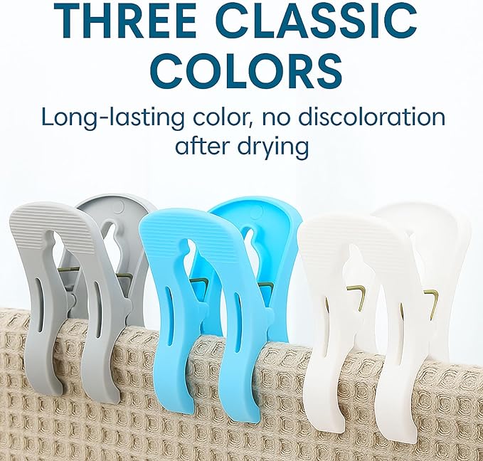 2/3 / 6 Pack Heavy Duty Cruise Towel Clips – Large Beach Chair Clips with 5cm Wide Jaw, Strong Spring Grip & Textured Anti-Slip Teeth for Cruise Ship, RV, Pool, Balcony (White+Gray+Blue,Small*3pcs)