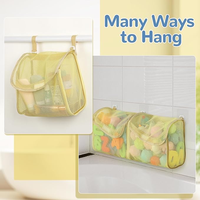Bath Toy Storage, Detachable 3 Compartments Bath Toy Holder, Large Capacity Bathtub Toy Storage, Mesh Beach Toy Bag Shower Caddy Organizer for Bathroom Beach - Yellow