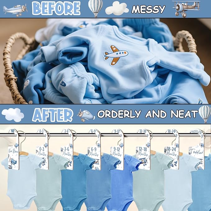 Baby Closet Dividers 8PCS, Airplane Themed Wooden Double-Sided Clothes Size Hanger/Organizer from Newborn to Toddler for Nursery Decor Baby Shower Birthday Gender Reveal Party Gift