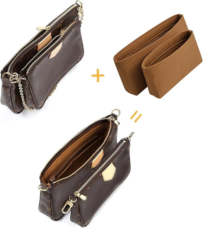 Vercord Felt Purse Organizer Insert Pochette Handbag Insert Bag in Bag for Multi Pochette Accessories Add Zipper Pocket Brown