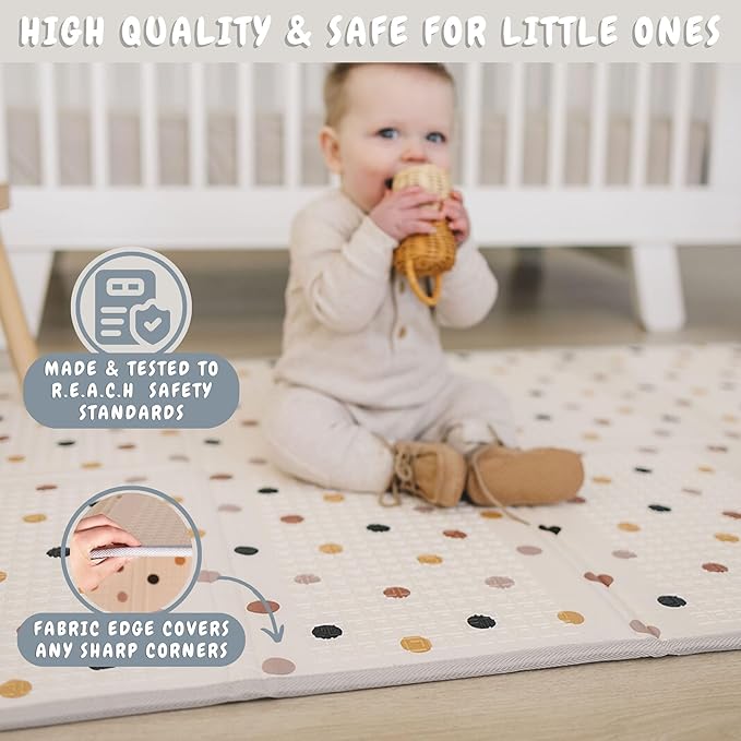 Bubba Bear Baby Play Mat, Thick Foam with Pattern Design, Foldable Waterproof Padded Crawling Mat for Babies (Beige Stars, 47 x 35 Inches)