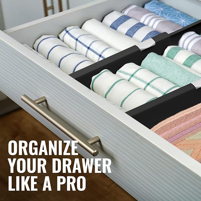 RAPTUROUS Adjustable Drawer Dividers 8 Pack, 2.5" High, 13-22" Long, Dresser Drawer Organizer for Bedroom, Closet, Kitchen, Nursery, Office, Strong Hold, Soft Foam Edges, Black