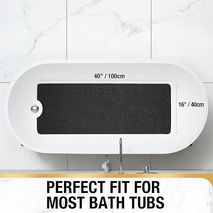 HITSLAM Non Slip Bathtub Mat 40 x 16 Inch, Extra Long Bath Mat for Tub, Soft PVC Loofah Shower Floor Mat with Drain, Quick Drying Bathroom Tub Mat for Wet Area, Without Suction Cup, Black