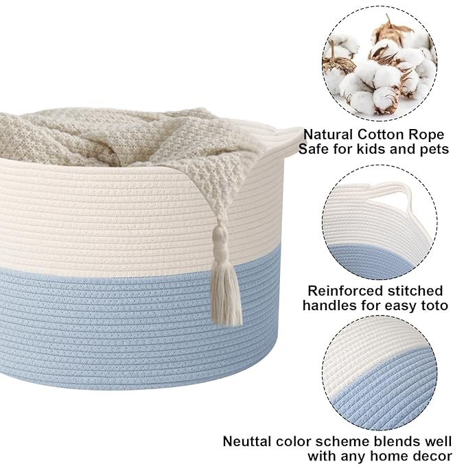 Large Storage Basket with Handle,23.6" x 23.6" x 15.7" Blanket Basket Storage Bins for Organizing,115L Cotton Rope Woven Baskets for Living Room, Nursery,Bedroom,White&Blue