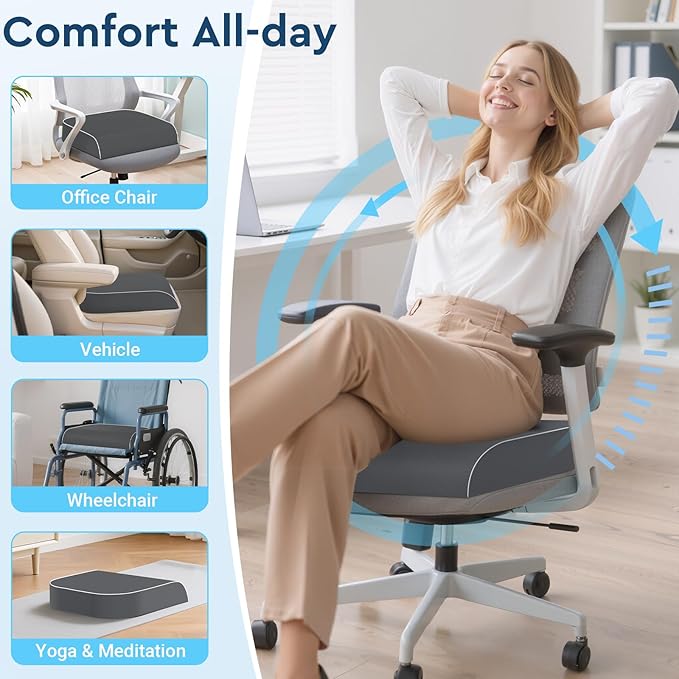 SofterCharm Seat Cushion, Memory Foam Office Chair Cushions for Long Sitting Hours, Chair Pad for Sciatica, Coccyx, Tailbone, Hip Pain & Pressure Relief, Office, Home, Car Seats, Airplane, Gray/Large