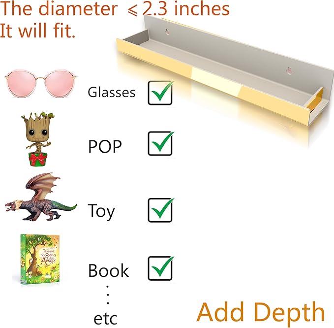 RORKIM 4 Pack 15 Inch Gold Reflective Acrylic Shelves, Gold Foating Shelves, Modern Sunglasses Essential Oil Picture Ledge Display Toy Storage Shelf