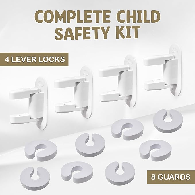 Gift Boutique Door Locks for Kids Safety – Child Proof Door Lever Lock 4 Pack with 8 Pinch Guards, Baby Proof Doors Handle Lever, Easy No Drill Install for Pantry, Bathroom, Closet & Interior Doors