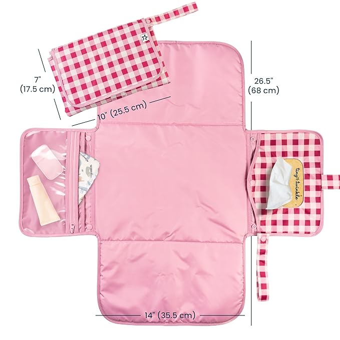 Tiny Twinkle Portable Diaper Changing Pad | Waterproof, Wipeable & Compact Baby Changing Pad for Travel | Smart Wipes Pocket & Organized Storage| Newborn Shower Gift (Raspberry Gingham)