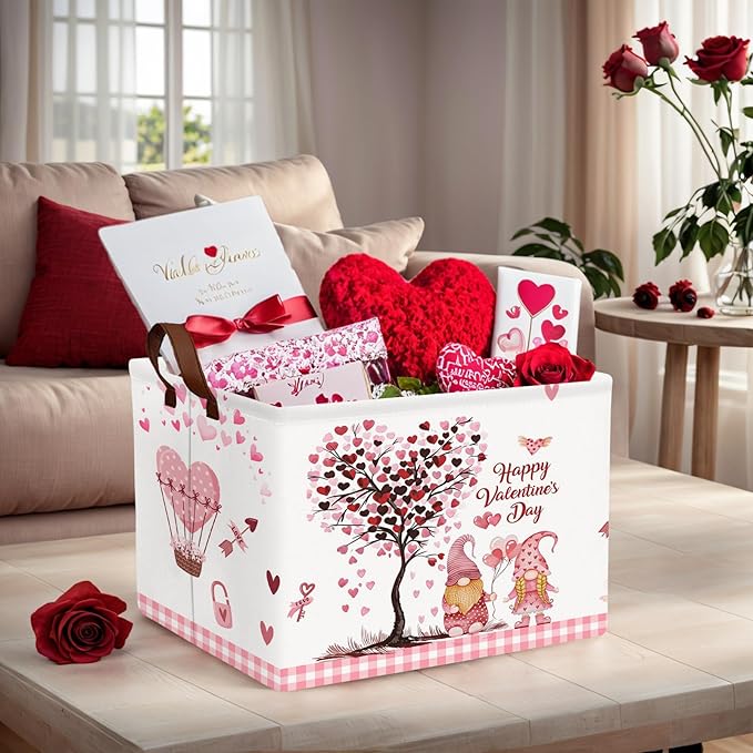 ASKETAM Valentine's Day Basket Gift for Empty Cute Heart Large Storage Bin for Kid and Baby Room Décor (Pink Dwarf Love Tree Hot Air Balloon)
