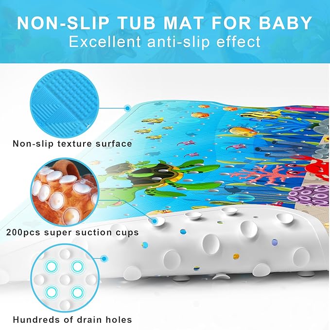Upgrade Cartoon Baby Bath Mat Non Slip - 40"x16" Extra Long Bathtub Mat for Baby Eco Friendly Durable Bath Mat for Tub Non Slip Kids Tub Mat with Suction Cups, Machine Washable and No Fading, Turtle