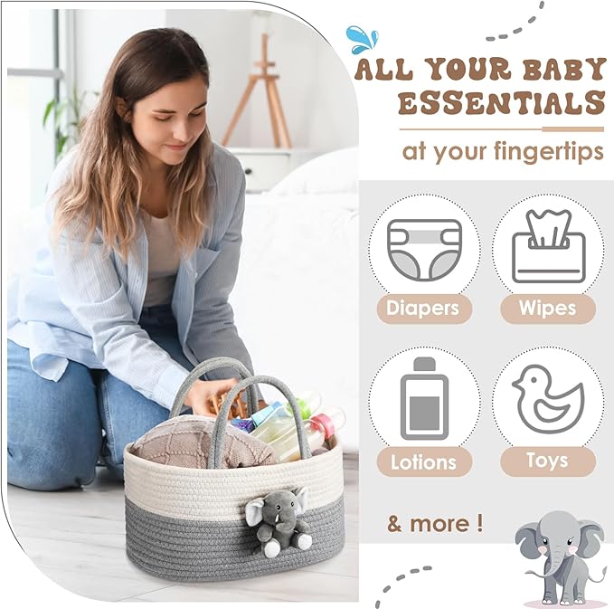 Elephant Diaper Caddy Organizer Elephant Cart Storage for Nursery with Handle Baby Shower Basket Gift Baby Bath Caddy for Diapers Wipes Basket for Nursery(X-Large)