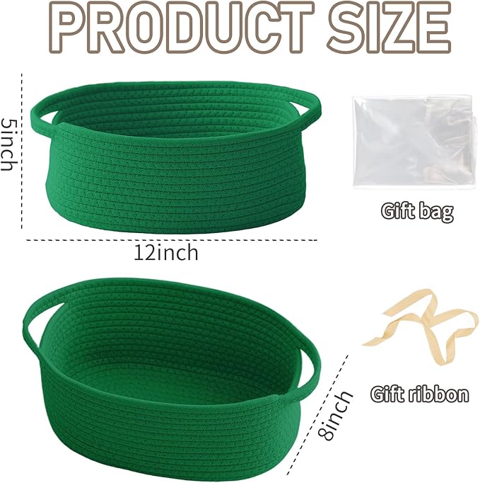 JMvicyroam Woven Basket,Small Rope Storage Bin with Handles & Ribbon Bag, Organizer for Shelves Closets,Gift Basket Empty for Birthday,Books,Dog Toys, Green/2 Pack