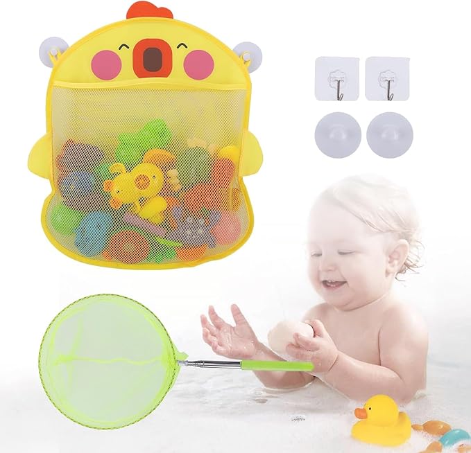 Mesh Bath Toy Organizer & Scoop Set, Cute Bathtub Toy Organizer Net + Bath Toy Scoop + 2 Strong Hooks for Kids & Toddlers Shower Bath Toy Storage