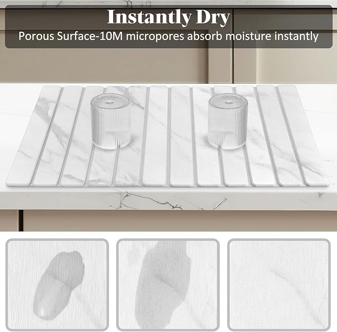Large Stone Dish Drying Mats for Kitchen Counter, 28"(L)×16"(W) Marble-Pattern, Fast Drying Collapsible Dish Drying Mat, Eco-Friendly Absorbent Diatomaceous Earth Mats for Match Countertop
