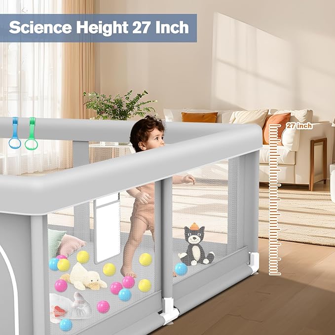 Baby Playpen with Balls and Pull Rings for Babies and Toddlers 50 x 50 inch, Play Yards Indoor, Sturdy Safety Play Pen with Soft Breathable Mesh, Baby Fence