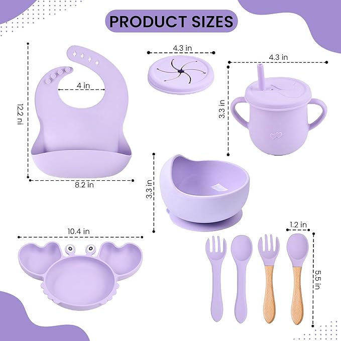 Silicone Baby Feeding Set 14 Pcs | Baby Led Weaning Supplies | Baby Spoons Suction Bowl Divided Plate Bib Cup | First Stage Solid Food Eating Utensils - 6+ Months (Purple)