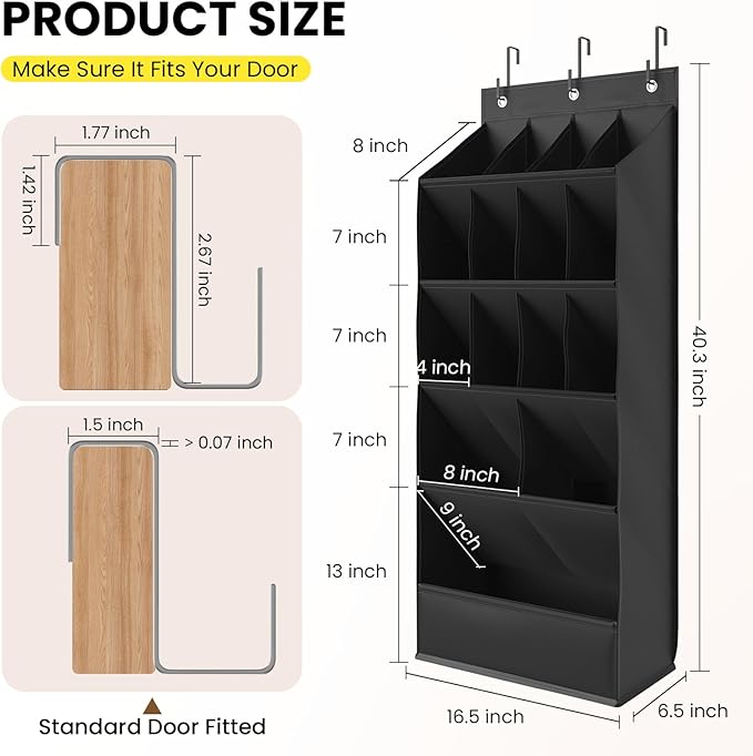 Mefirt Over the Door Shoe Rack with Large Deep Pockets, Door Shoes Organizer for Closet, Hanging Boots Shoe Rack, Behind the Door Narrow Shoe Holder, Multiple Pockets for Flexible Storage, Black ﻿