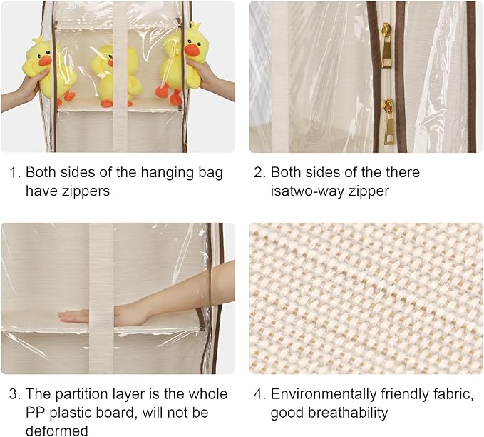 JINOKADI Clear Hanging Handbag Storage Organizer with Zippers, Easy Access Purse,Toy,Yarn,Hat Storage Over The Door Purse Organizer Space Saving 4 Pockets for Closet Bedroom Living Room (Beige)