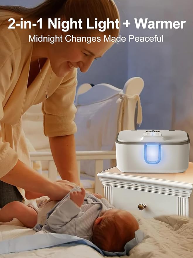 Baby Wipes Warmer, Larger Capacity Wipe Dispenser, Even Heating Diaper Wipe Warmer with Night Light, On/Off Switch, White