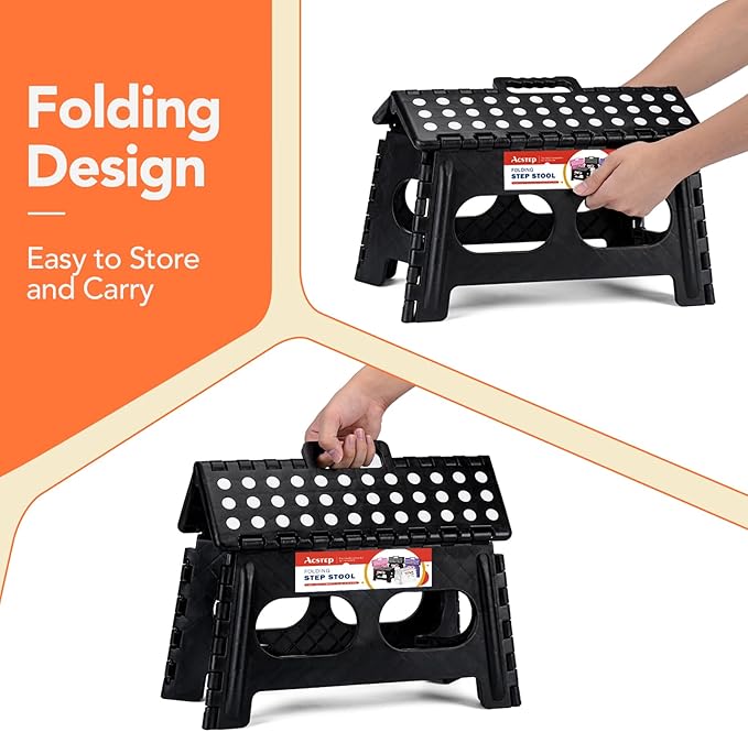 ACSTEP Foldable Step Stool for Kids and Adults,15-Inch Extra Wide 9-Inch Height (2 Pack) More Safe and Comfortable Holds Up to 300 lbs Folding Step Stool for Bathroom, Garden, Kitchen（Black）