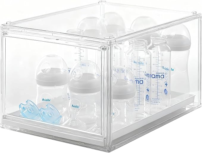 ERTIUANIO Baby Bottle Organizer, Clear Stackable Acrylic Storage for Countertop Cabinet, Baby Bottle Station Organizer with drawer for Pacifiers, Pump Parts