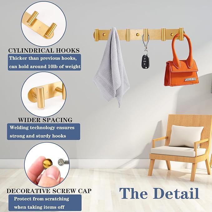 Coat Hook Rack, Wall Mounted Coat Rack with 6 Hooks, Heavy Duty Towel Hooks Rack Wall Hooks for Hanging Clothes Jacket Purse, Stainless Steel Coat Hanger for Bathroom Entryway Mudroom(Gold)
