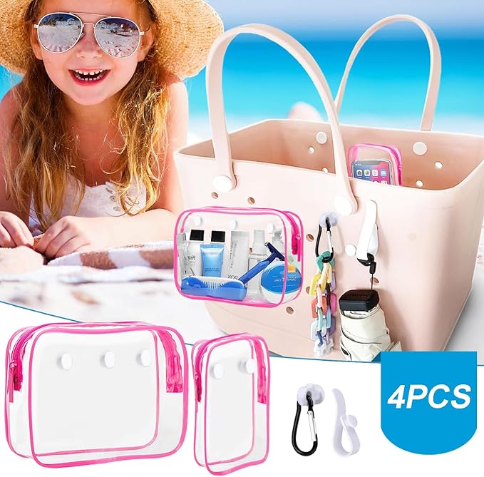 3 Packs Clear Bogg Beach Tote Bag with 2 Pack Insert Hooks Accessories for Bogg Bags Travel Makeup Clean Toiletry Brush Organizer Cosmetic Divider Storage Inner Pouch