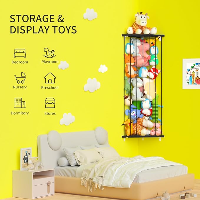 Stuffed Animal Storage Shelf Organizer(Patented) - Corner Stuffed Animal Holder Length Adjustable - Wall Plush Storage for Nursery Playroom Bedroom Kids Room (Space Black, Standard)