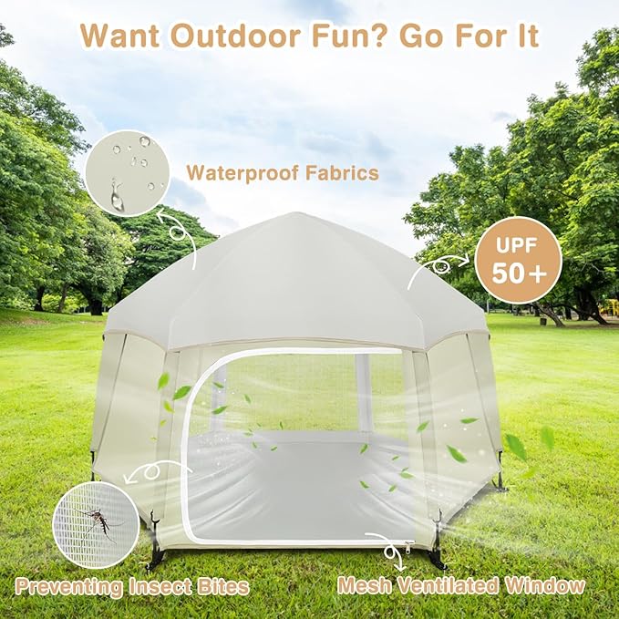 Zooawa Pop Up Playpen for Baby, Portable Playpen for Babies and Toddlers with Removable Sun-Shades& 2 Side UV Covers, Lightweight Outdoor Baby Play-Pen for Beach Home with Travel Bag, Beige