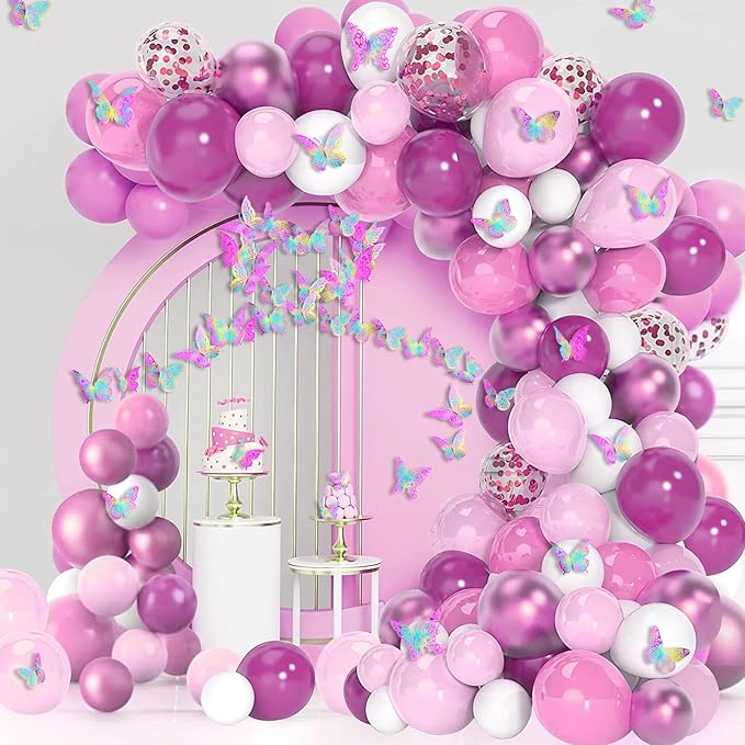 3D Butterfly Wall Decor 3 Sizes 4 Styles Butterfly Party Decorations Cake Decorations Removable Stickers Wall Decor Room Mural Metallic (Laser Pink Purple, 96Pcs)
