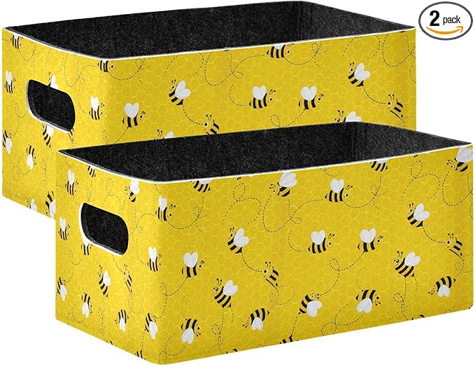 Emelivor Bees Yellow Storage Basket Bins Set (2pcs) Felt Foldable Storage Bins with Fabric Rectangle Basket for Organizing for Pet Books Clothes Closet Cabinet Organise